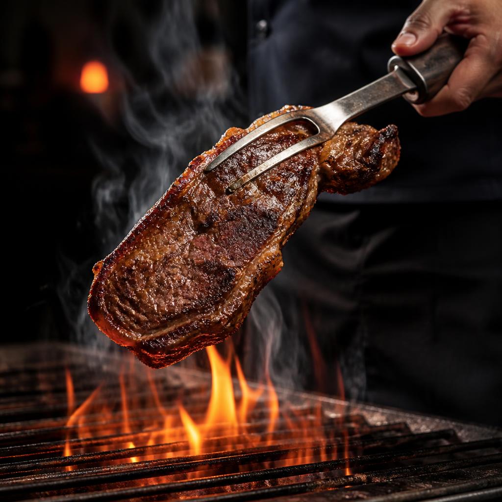 Chef grilling churrasco over flames