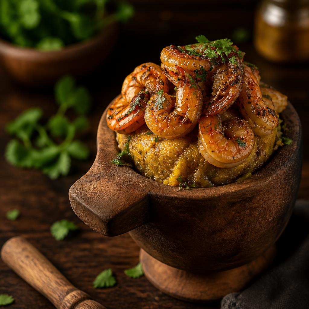 Mofongo with shrimp close-up
